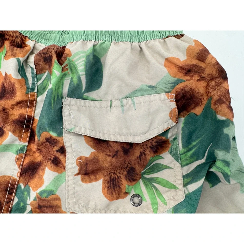 Maamgic Swim Trunks Mens XS Tan Green Tropical Floral Mesh Lined Board‎ Shorts